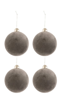 Box Of 4 Christmas Baubles Velvet Glass Grey Medium