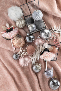 Box Of 4 Christmas Baubles Velvet Glass Grey Medium