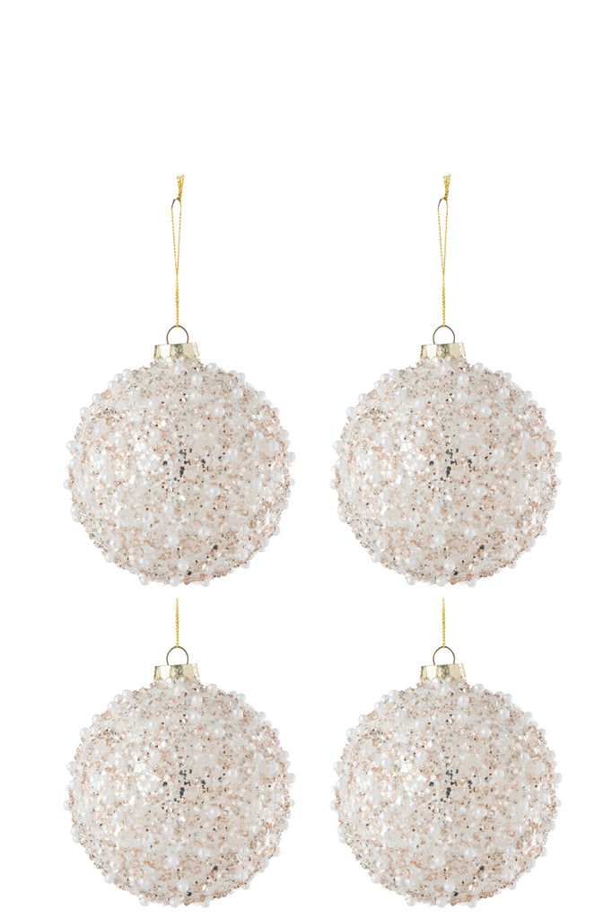 Box Of 4 Christmas Bauble Pearls+Sequins Glass White