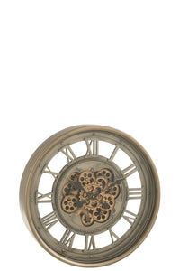 Clock Roman Numerals Visible Mecanism Metal+Glass Antique Gold/Grey