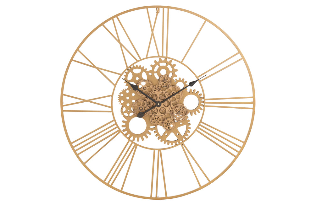 Clock Round Roman Numerals Gears Metal Gold