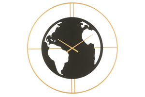 Clock World Map Holes Metal Black/Gold Large