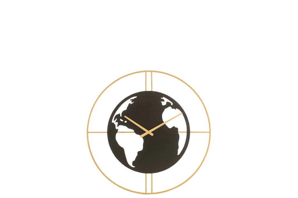 Clock World Map Holes Metal Black/Gold Small