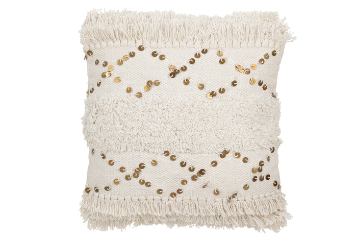 Cushion Tufted Fringes Cotton/Sequin White/Gold