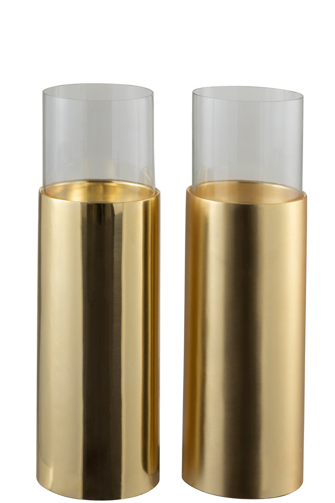 Hurricane On Base Cylinder Stainless Steel/Glass Mat/Shiny Gold Small Assortment Of 2