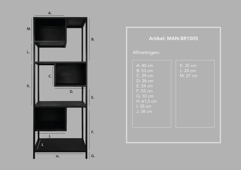 Open vakkenkast Manhattan - 65x35x175 - Zwart - Ijzer