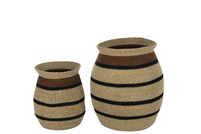 Set Of 2 Baskets Round Striped Marie Seagrass Brown Black