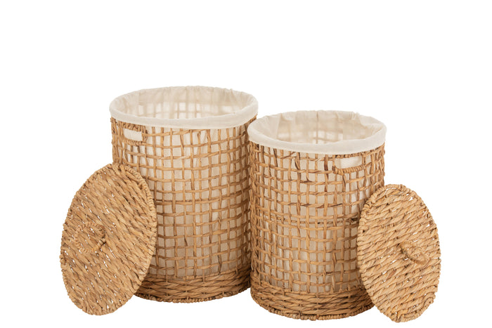 Set Of 2 Baskets+Lid Wax Water Hyacinth Natural