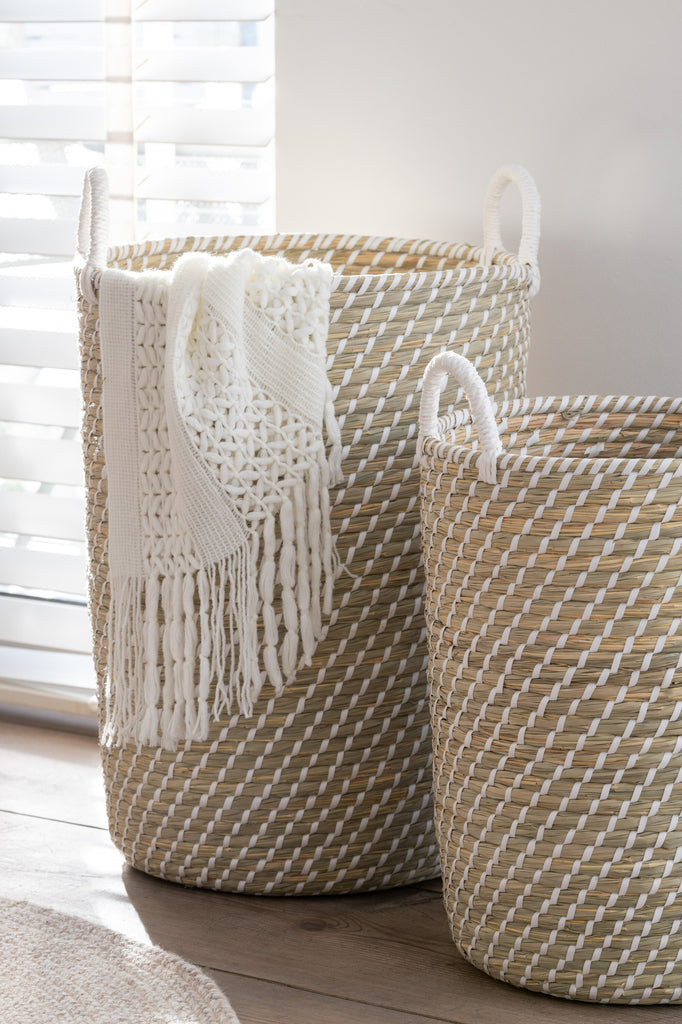 Set Of 2 Basket Round Handles Straw White/Natural