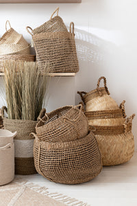 Set Of 3 Baskets+Handle Ball Bamboo+Rope Natural Small