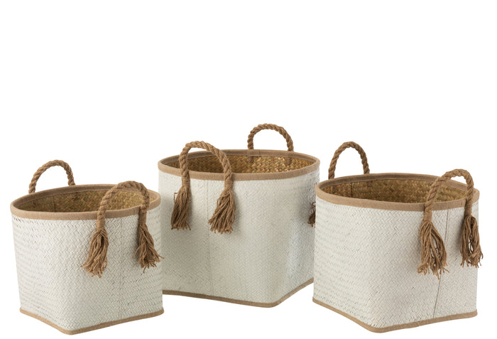Set Of 3 Baskets Palm Leaf Natural/White