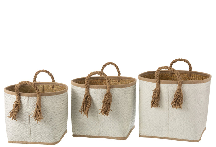 Set Of 3 Baskets Palm Leaf Natural/White