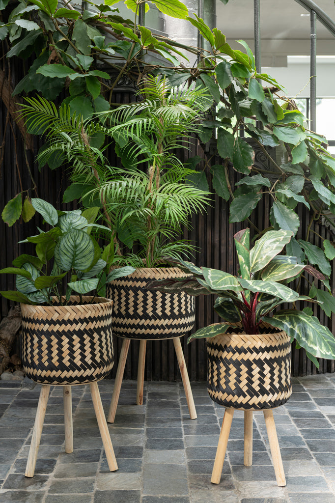 Set Of 3 Basket Patterns 3 Legs Bamboo Natural/Black