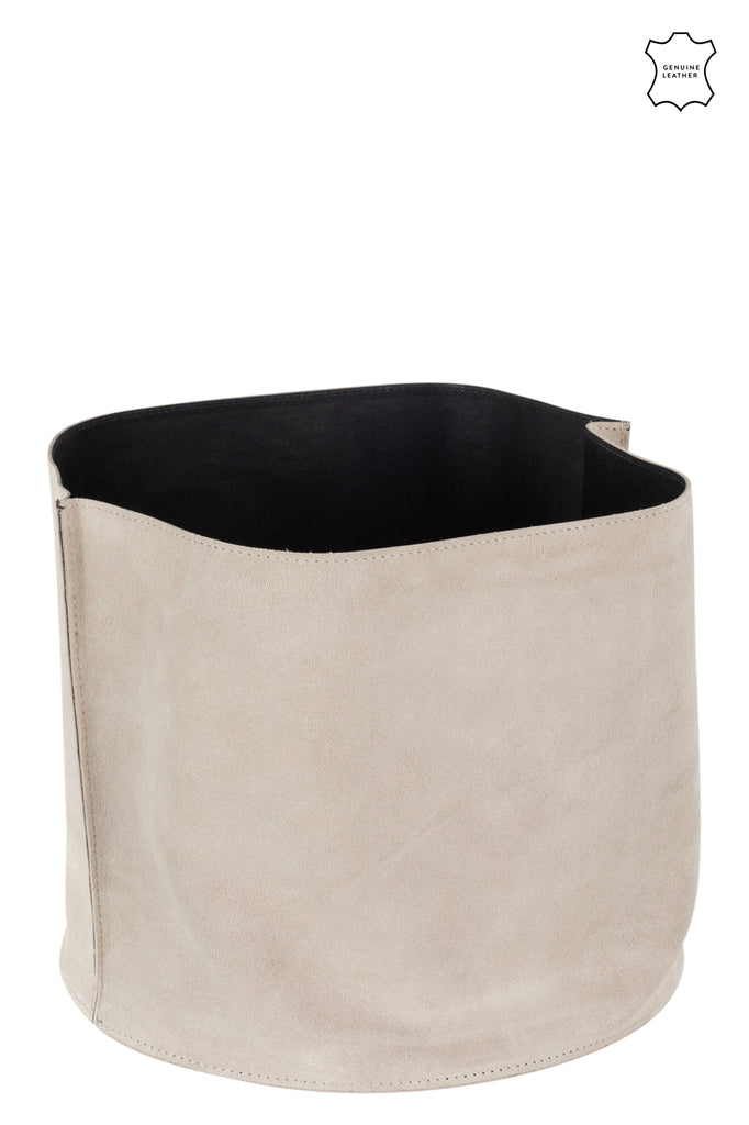 Round Low Beige Leather Storage Basket