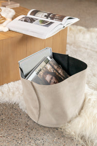 Round Low Beige Leather Storage Basket