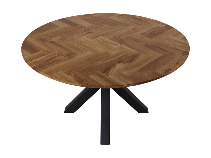 Tafel Fishbone Rond- 140x140x76 - Naturel/zwart - Eiken/metaal