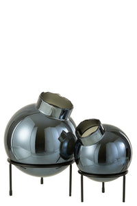 Vase Ball Glass/Metal Blue/Black Large