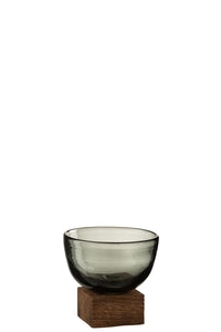 Vase On Foot Wide Glass/Wood Grey/Dark Brown Small