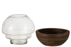 Vase Round Wood/Glass Dark Brown