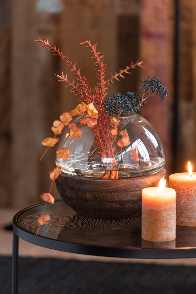 Vase Round Wood/Glass Dark Brown