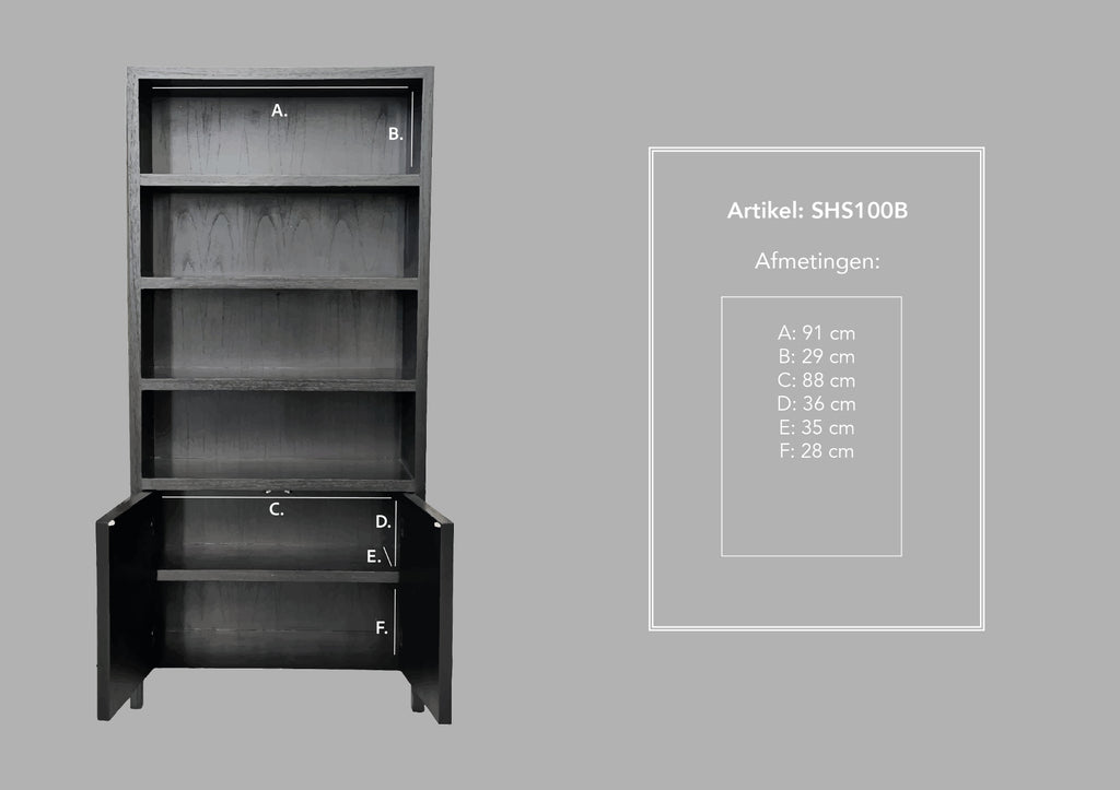 Wandkast met 4 vakken - 100x42x215 - Zwart - Teak veneer