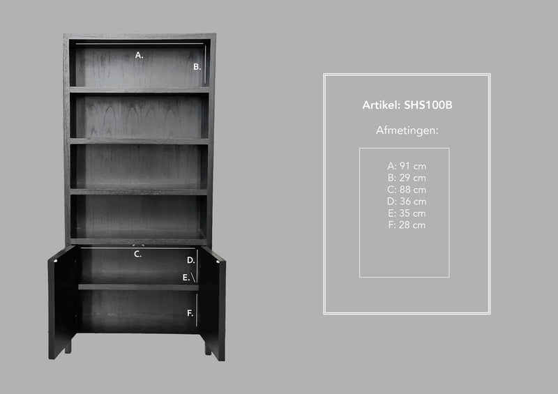 Wandkast met 4 vakken - 100x42x215 - Zwart - Teak veneer