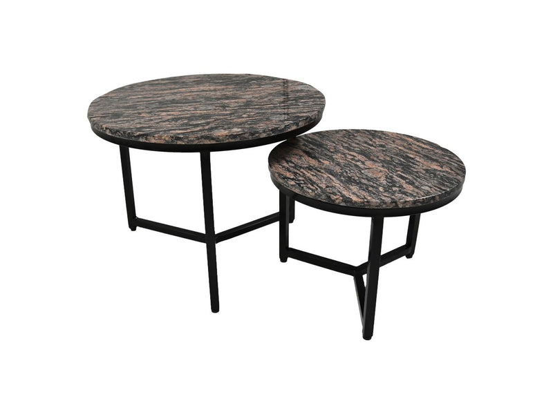 Ronde Salontafel Set van 2 - ø60x45/ø45x34 - Bruin/zwart - Marmer