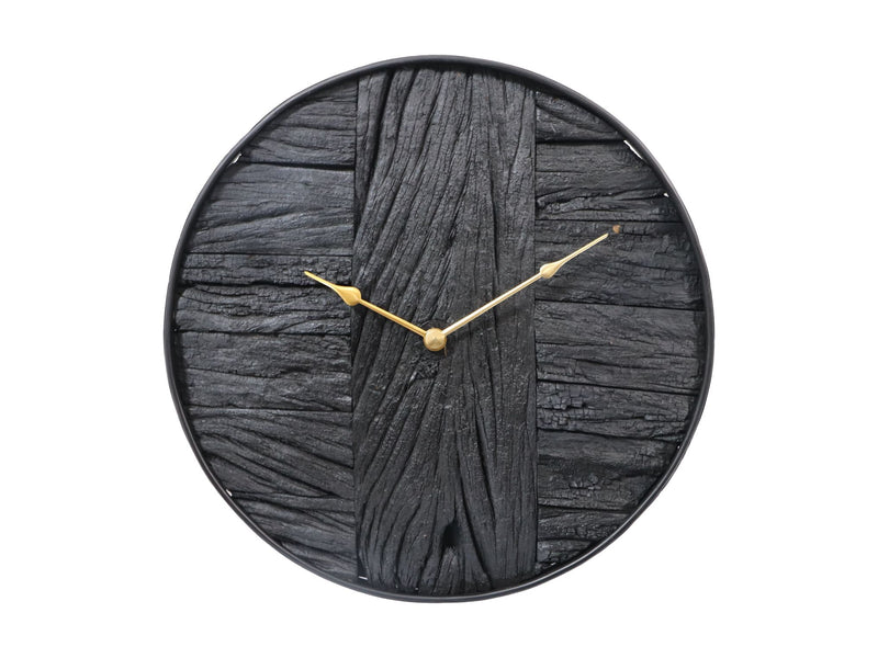Wandklok - ø50x5 cm - Zwart/goud - Rustiek hout/metaal