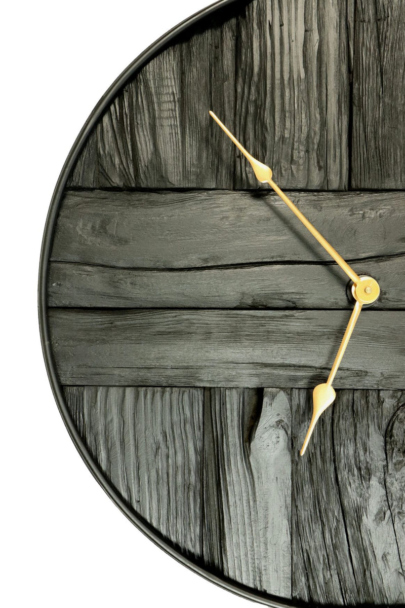 Wandklok - ø50x5 cm - Zwart/goud - Rustiek hout/metaal